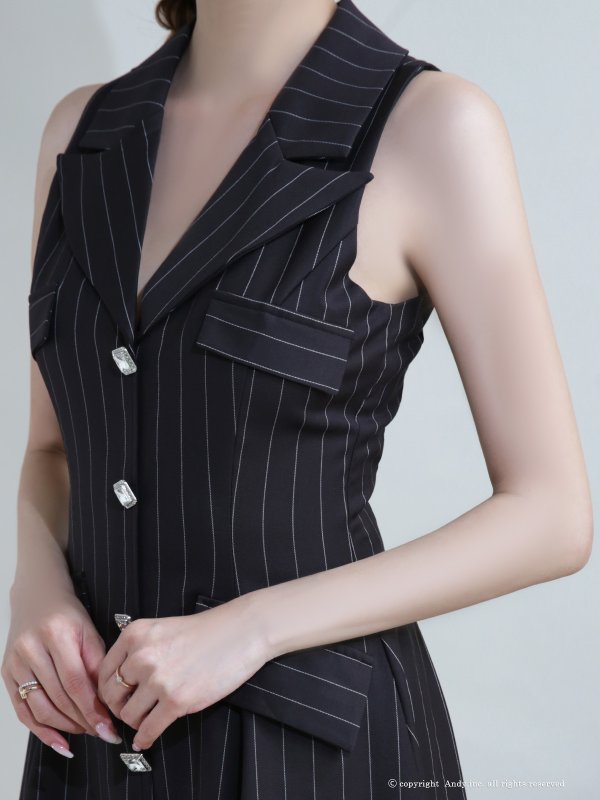 画像20: XSサイズあり【ANDY/アンディ】襟付き/ ストライプ/ ビジューボタン/ ノースリーブ/ Vネック/ フレア/ ミニドレス/ キャバドレス[OF05]