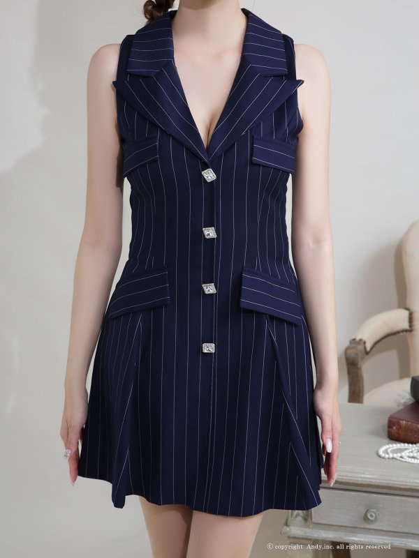 画像3: XSサイズあり【ANDY/アンディ】襟付き/ ストライプ/ ビジューボタン/ ノースリーブ/ Vネック/ フレア/ ミニドレス/ キャバドレス[OF05]