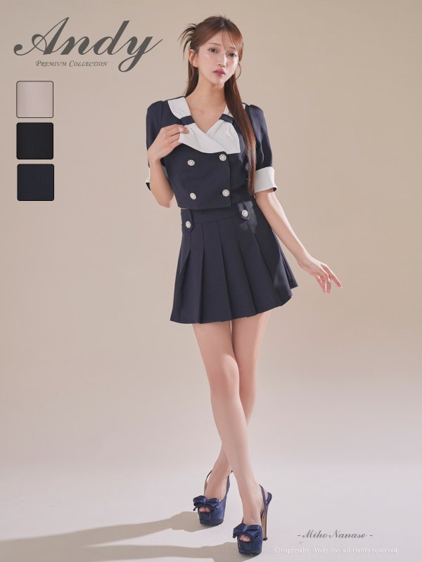 画像13: XSサイズあり【ANDY/アンディ】バイカラー/ リボンモチーフ/ 半袖/ 袖あり/ Vネック/ ダブルボタン/ プリーツ/ フレア/ セットアップ/ ミニドレス/ キャバドレス[OF05]