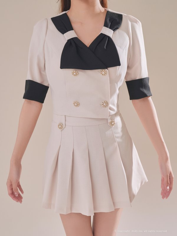 画像15: XSサイズあり【ANDY/アンディ】バイカラー/ リボンモチーフ/ 半袖/ 袖あり/ Vネック/ ダブルボタン/ プリーツ/ フレア/ セットアップ/ ミニドレス/ キャバドレス[OF05]