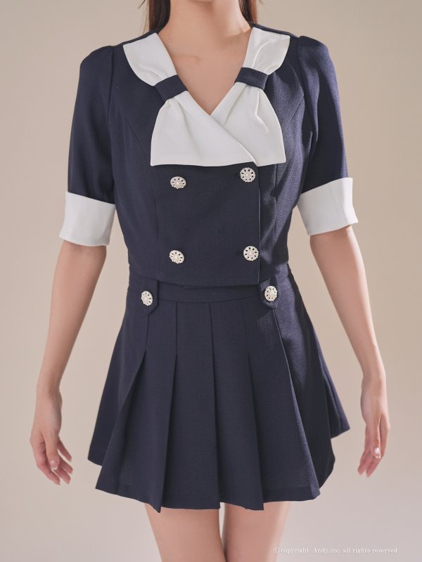 画像11: XSサイズあり【ANDY/アンディ】バイカラー/ リボンモチーフ/ 半袖/ 袖あり/ Vネック/ ダブルボタン/ プリーツ/ フレア/ セットアップ/ ミニドレス/ キャバドレス[OF05]