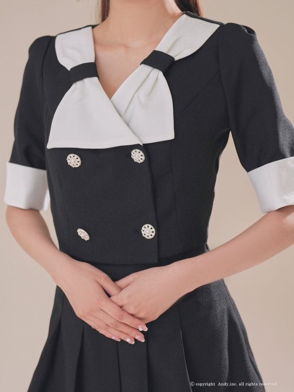 画像6: XSサイズあり【ANDY/アンディ】バイカラー/ リボンモチーフ/ 半袖/ 袖あり/ Vネック/ ダブルボタン/ プリーツ/ フレア/ セットアップ/ ミニドレス/ キャバドレス[OF05]