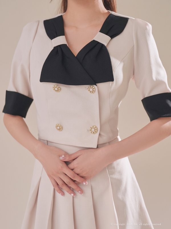 画像19: XSサイズあり【ANDY/アンディ】バイカラー/ リボンモチーフ/ 半袖/ 袖あり/ Vネック/ ダブルボタン/ プリーツ/ フレア/ セットアップ/ ミニドレス/ キャバドレス[OF05]