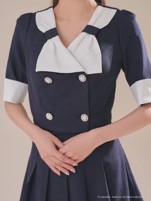 画像12: XSサイズあり【ANDY/アンディ】バイカラー/ リボンモチーフ/ 半袖/ 袖あり/ Vネック/ ダブルボタン/ プリーツ/ フレア/ セットアップ/ ミニドレス/ キャバドレス[OF05]