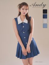 XSサイズあり【ANDY/アンディ】襟付き/ シンプル/ ビジューボタン/ ノースリーブ/ バイカラー/ フレア/ ミニドレス/ キャバドレス[OF05]
