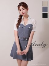 XSサイズあり【ANDY/アンディ】襟付き/ 重ね着風/ ビジューボタン/ フロントジッパー/ バイカラー/ 半袖/ 袖あり/ プリーツ/ フレア/ セットアップ/ ミニドレス/ キャバドレス[OF05]