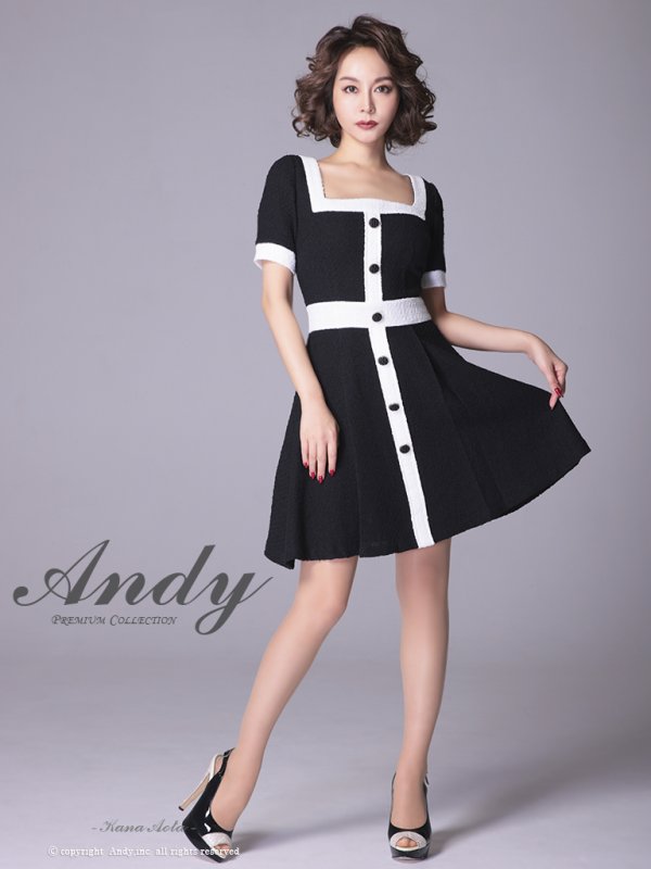 画像10: Lサイズあり【ANDY/アンディ】ツイード/ バイカラー/ 切り替えデザイン/ 半袖/ 袖あり/ スクエアネック/ ボタン/ フレア/ ミニドレス/ キャバドレス[FB03]