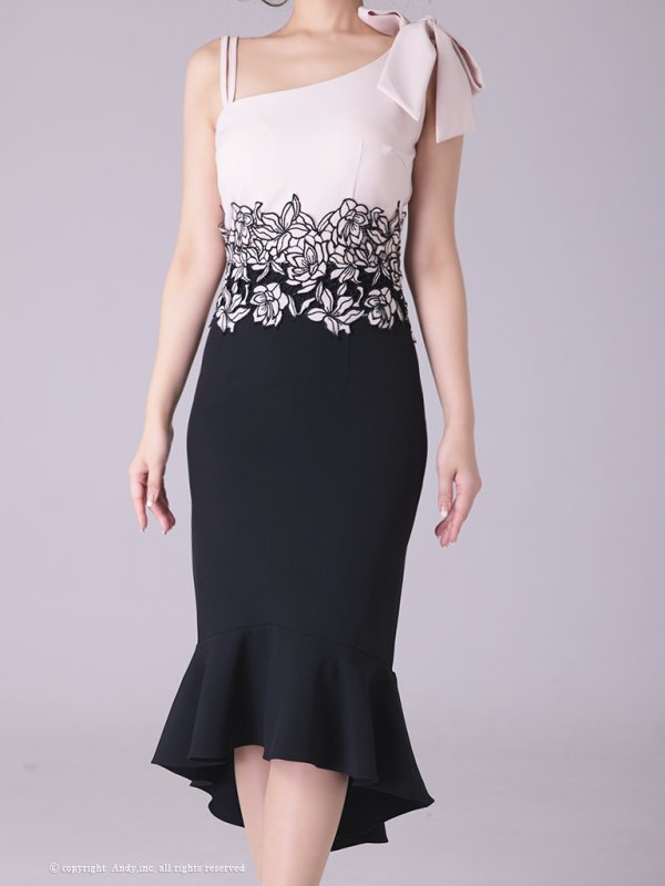 画像13: 【ANDY/アンディ】マーメイド/ショルダーリボン/ バイカラー/ ノースリーブ/ 裾フリル/ テールカット/ ミディアム丈/ キャバドレス[FB03]