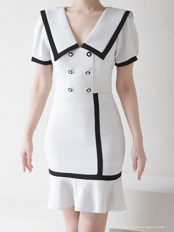 画像13: 【ANDY/アンディ】セーラーカラー/ パイピング/ ボタン/ 半袖/ 袖あり/ タイト/ 裾フリル/ 膝丈/ ワンピース/ ミニドレス/ キャバドレス[OF05]