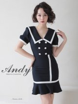 【4月30日までファイナルセール開催中！! 】【ANDY/アンディ】セーラーカラー/ パイピング/ ボタン/ 半袖/ 袖あり/ タイト/ 裾フリル/ 膝丈/ ワンピース/ ミニドレス/ キャバドレス[OF05]