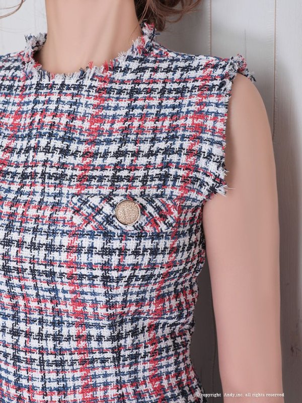 画像6: 【ANDY/アンディ】ミックスツイード/ フリンジ/ チェック柄/ クルーネック/ Aライン/ ワンピース/ ミニドレス/ キャバドレス[OF05]