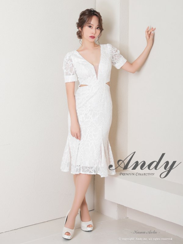 画像2: 【Andy ANDY Fashion Press 15 COLLECTION 01】フラワーレース/ ウエストカット/ 袖あり/ 半袖/ パフスリーブ/ シアー/ タイト/ 膝丈/ ミディアムドレス/ キャバドレス[OF05]