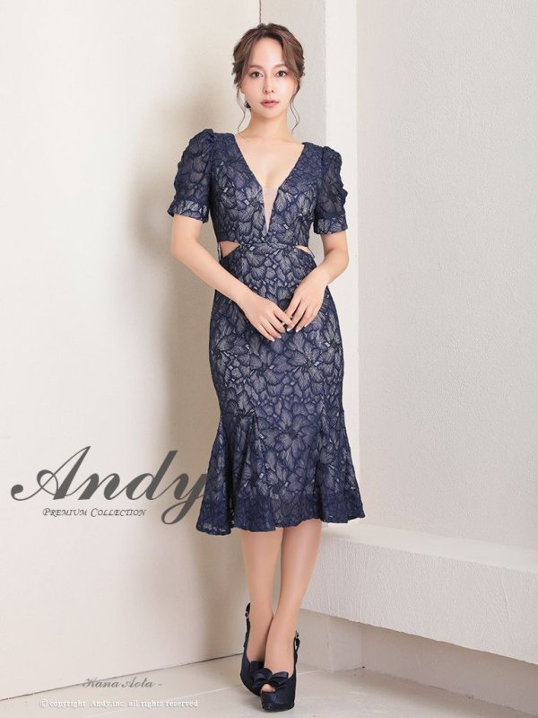 画像2: 【Andy ANDY Fashion Press 15 COLLECTION 01】フラワーレース/ ウエストカット/ 袖あり/ 半袖/ パフスリーブ/ シアー/ タイト/ 膝丈/ ミディアムドレス/ キャバドレス[OF05]