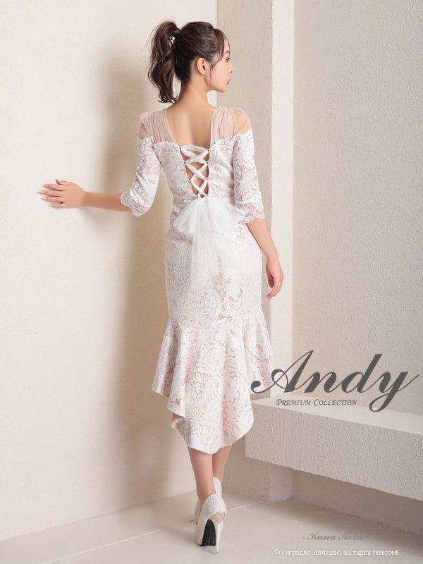 画像4: 【ANDY/アンディ】フラワーレース/ シアー/ 袖あり/ フリル/ フィッシュテール/ ミディアムドレス/ キャバドレス[OF05]