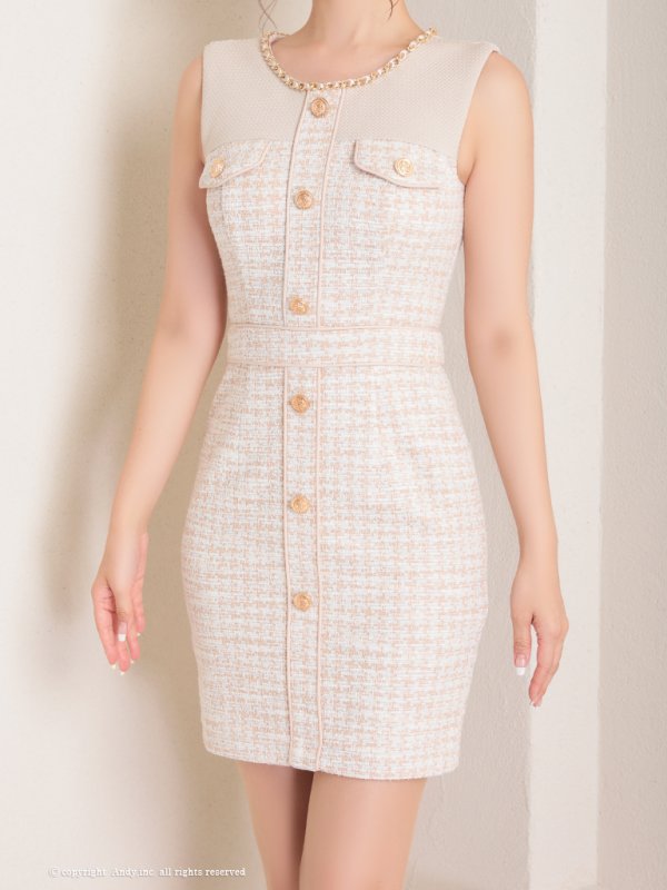 画像14: 【ANDY/アンディ】ツイード/ 切替デザイン/ ノースリーブ/ ボタン/ タイト/ ストレッチ/ ミニドレス/ キャバドレス[OF05]