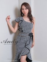 XSサイズあり【Andy ANDY Fashion Press 17 COLLECTION 02】ツイード/ アシンメトリー/ ワンショル/ ウエストリボン/ チェーンベルト/ フリルテール/ ミディアムドレス/ キャバドレス[OF05]