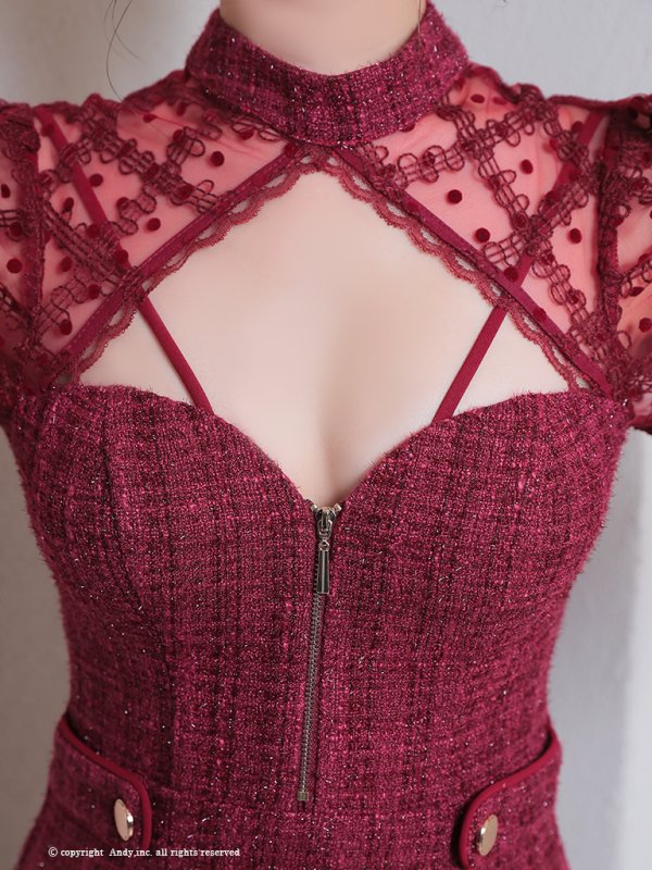 画像6: XSサイズあり【ANDY/アンディ】ラメツイード/ フロントジッパー/ 半袖/ 袖あり/ レース/ プリーツ/ Aライン/ フレア/ ミニドレス/ キャバドレス[OF05]