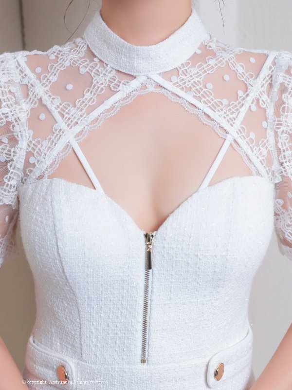 画像15: XSサイズあり【ANDY/アンディ】ラメツイード/ フロントジッパー/ 半袖/ 袖あり/ レース/ プリーツ/ Aライン/ フレア/ ミニドレス/ キャバドレス[OF05]