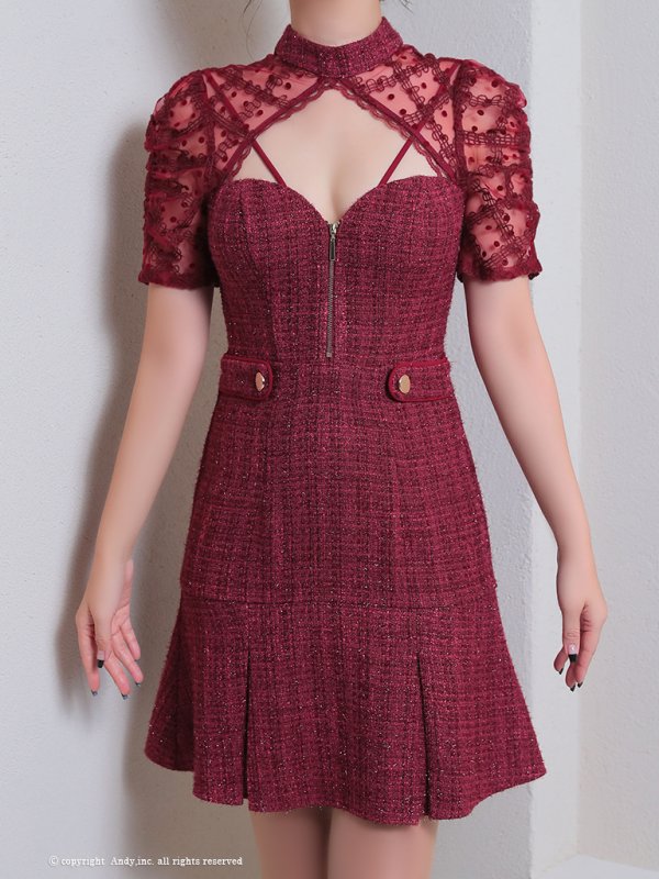 画像5: XSサイズあり【ANDY/アンディ】ラメツイード/ フロントジッパー/ 半袖/ 袖あり/ レース/ プリーツ/ Aライン/ フレア/ ミニドレス/ キャバドレス[OF05]