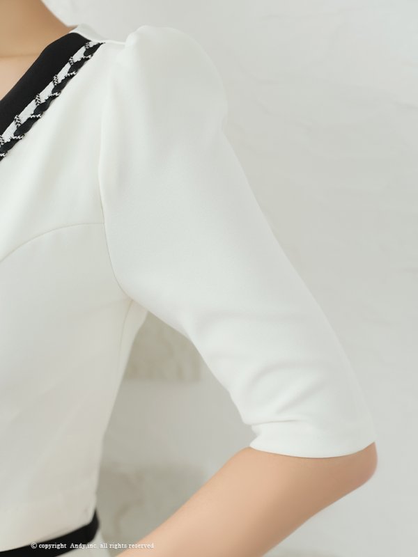 画像7: 【ANDY/アンディ】バイカラー/ チェーンパイピング/ 袖あり/ 半袖/ フロントジップ/ ベルト/ タイト/ セットアップ/ ミニドレス/ キャバドレス[OF05]