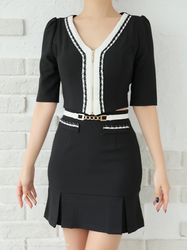 画像15: 【ANDY/アンディ】バイカラー/ チェーンパイピング/ 袖あり/ 半袖/ フロントジップ/ ベルト/ タイト/ セットアップ/ ミニドレス/ キャバドレス[OF05]