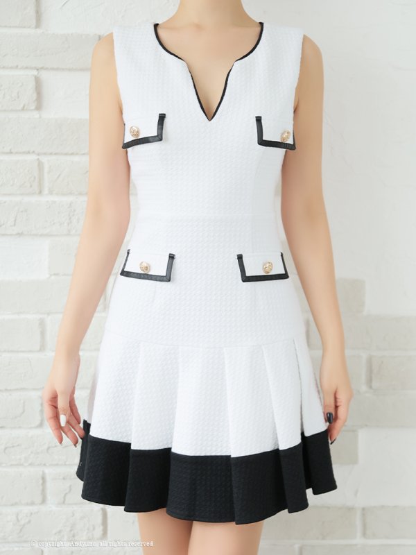 画像26: XSサイズあり【ANDY/アンディ】ポケットデザイン/ バイカラー/ ノースリーブ/ プリーツ/ Aライン/ フレア/ ミニドレス/ キャバドレス[OF05]