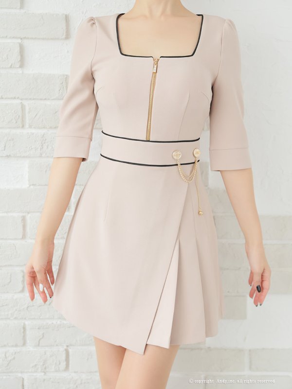 画像14: XSサイズあり【ANDY/アンディ】フロントジップ/ バイカラー/ チェーン/ 袖あり/ 七分袖/ フレア/ ミニドレス/ キャバドレス[OF05]