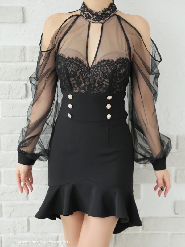 画像14: XSサイズあり【ANDY/アンディ】シアー/ レース/ マーメイド/ アシンメトリー/ 裾フリル/ パールボタン/ 袖あり/ 長袖/ ミニドレス/ キャバドレス[OF05]