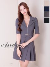 【ANDY/アンディ】ジャケット風カラー/ ベルト/ 袖あり/ 五分袖/ プリーツ/ Aライン/ フレア/ ミニドレス/ キャバドレス[OF05]