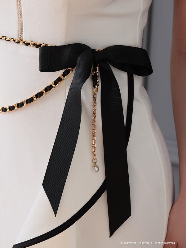 画像8: 【ANDY/アンディ】 チェーン付き/ ストレッチ/ バイカラー/ パイピング/ 袖あり/ 半袖/ フリル/ 膝丈/ ミディアムドレス/ キャバドレス[OF05]