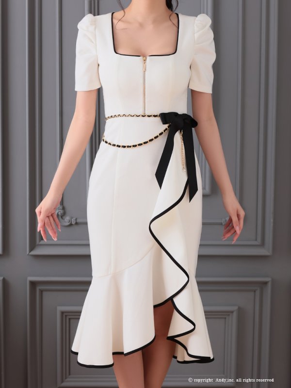 画像6: 【ANDY/アンディ】 チェーン付き/ ストレッチ/ バイカラー/ パイピング/ 袖あり/ 半袖/ フリル/ 膝丈/ ミディアムドレス/ キャバドレス[OF05]