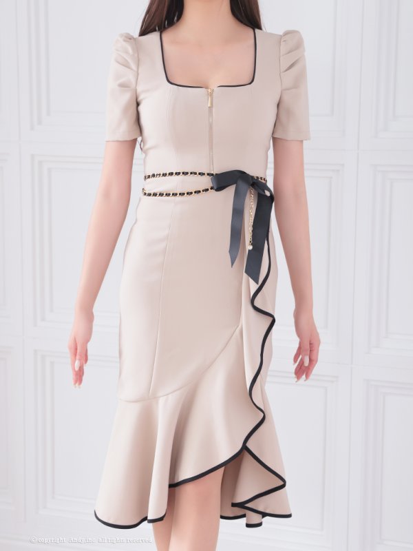 画像22: 【ANDY/アンディ】 チェーン付き/ ストレッチ/ バイカラー/ パイピング/ 袖あり/ 半袖/ フリル/ 膝丈/ ミディアムドレス/ キャバドレス[OF05]