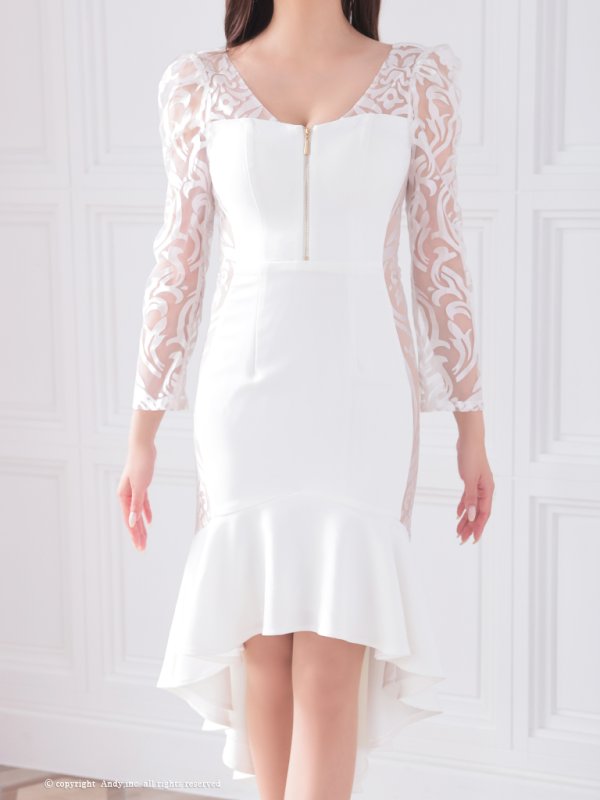 画像5: 【ANDY/アンディ】 シアー/ ジップ/ 長袖/ 七分袖/ テールカット/ マーメイド/  膝丈/ ミディアムドレス/ キャバドレス[OF05]