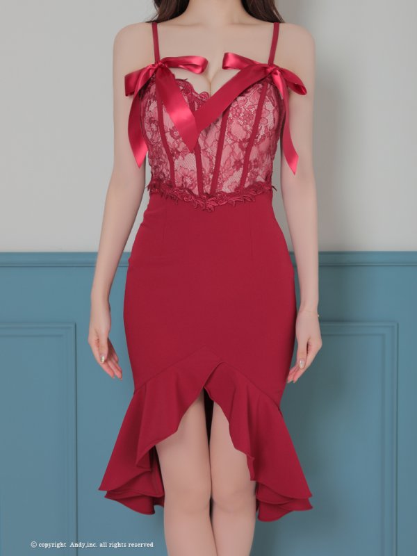 画像21: 【ANDY/アンディ】 フラワーレース/  リボンデザイン/  テールカット/ フリル/  膝丈/ ミディアムドレス/ キャバドレス[OF05]