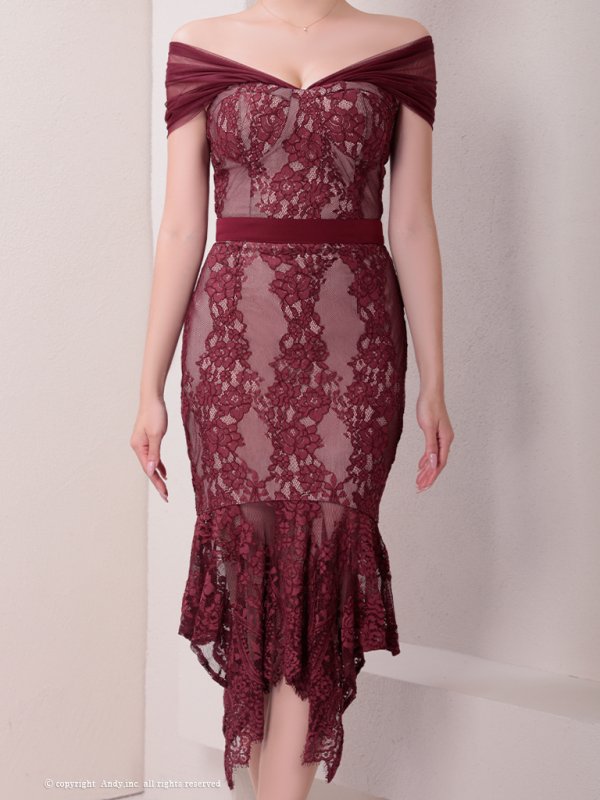 画像5: 【ANDY/アンディ】 レース/ アシメ/ カットアウト/ フリル/ オフショルデザイン/ 膝丈/ ミディアムドレス/ キャバドレス[OF05]