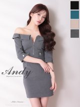 XSサイズあり【ANDY/アンディ】 フロントジップ/ バックリボン/ 袖あり/ 七分袖/ オフショル/ タイト/ ミニドレス/ キャバドレス[OF05]