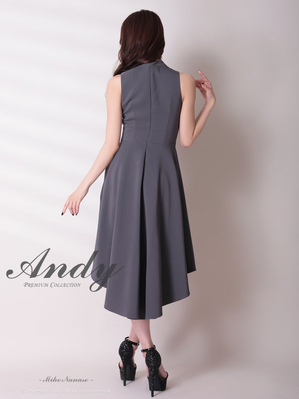 画像5: XSサイズあり【ANDY/アンディ】テールカット/ プチハイネック/ リボン/ ギャザリング/ ノースリーブ/ フレア/ ミディアムドレス/ ワンピース/ キャバドレス[OF05]