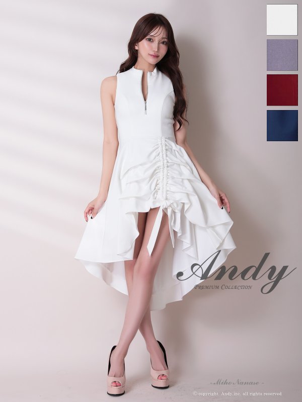 画像1: XSサイズあり【ANDY/アンディ】テールカット/ プチハイネック/ リボン/ ギャザリング/ ノースリーブ/ フレア/ ミディアムドレス/ ワンピース/ キャバドレス[OF05]