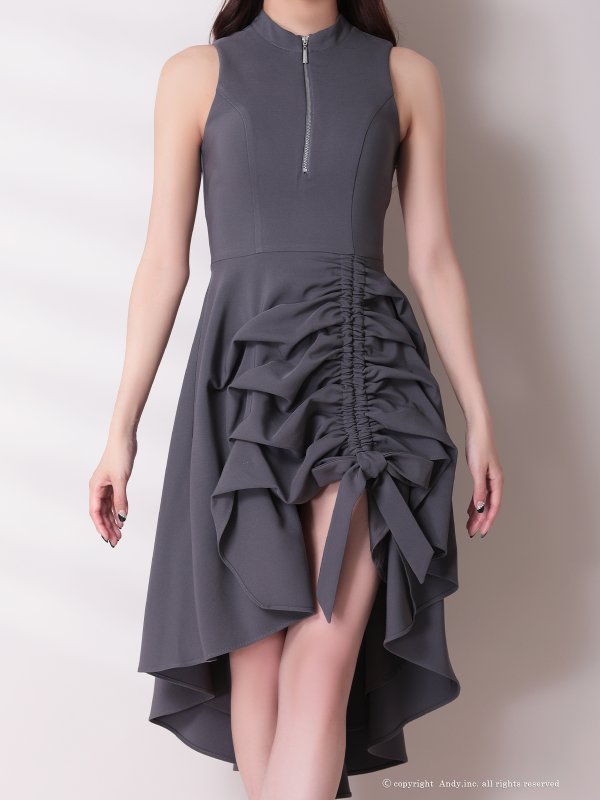 画像4: XSサイズあり【ANDY/アンディ】テールカット/ プチハイネック/ リボン/ ギャザリング/ ノースリーブ/ フレア/ ミディアムドレス/ ワンピース/ キャバドレス[OF05]
