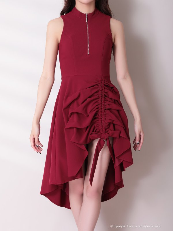 画像20: XSサイズあり【ANDY/アンディ】テールカット/ プチハイネック/ リボン/ ギャザリング/ ノースリーブ/ フレア/ ミディアムドレス/ ワンピース/ キャバドレス[OF05]