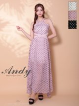 XSサイズあり【ANDY/アンディ】バイカラー/ ホルターネック/ ドット柄/ カットアウト/ シフォン/ フレア/ ロングドレス/ キャバドレス[OF05]