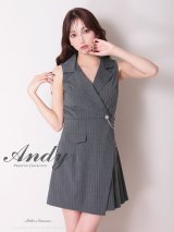 XSサイズあり【ANDY/アンディ】襟付き/ ストライプ/ ノースリーブ/ チェーン装飾/ プリーツ/ フレア/ アシンメトリー/ ミニドレス/ キャバドレス[OF05]