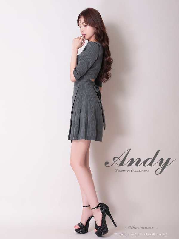 画像3: 【ANDY/アンディ】スクエアネック/ ストライプ/ ボタン/ フロントジップ/ ハーフスリーブ/ 袖あり/ プリーツ/ フレア/ アシンメトリー/ ミニドレス/ キャバドレス[OF05]