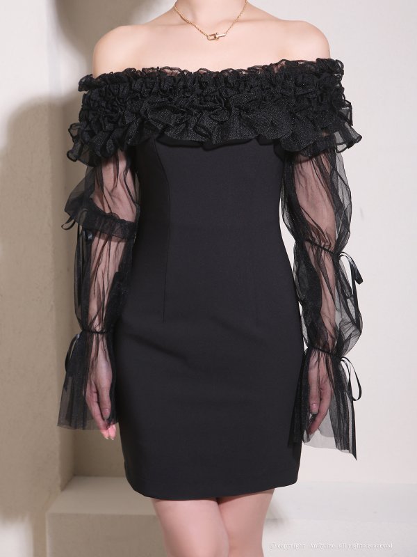 画像13: 【ANDY/アンディ】 ギャザーフリル/ 2way/ 袖付き/ ロングスリーブ/ オフショル/ シアー/ チュール/ タイト/ ミニドレス/ キャバドレス[OF05]