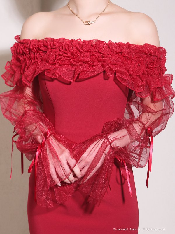 画像20: 【ANDY/アンディ】 ギャザーフリル/ 2way/ 袖付き/ ロングスリーブ/ オフショル/ シアー/ チュール/ タイト/ ミニドレス/ キャバドレス[OF05]