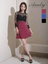 【ANDY/アンディ】シアー/ レース/ 切替/ タイトスリーブ/ 五分袖/ 袖あり/ ダブルボタン/ ボックスプリーツ/ フレア/ ワンピース/ ミニドレス/ キャバドレス[OF05]