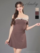 XSサイズあり【ANDY/アンディ】オフショル/ リボン/ ブローチ/  Aライン/ フレア/ ワンピース/ ミニドレス/ キャバドレス[OF05]