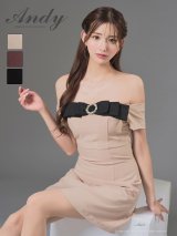 XSサイズあり【ANDY/アンディ】オフショル/ リボン/ ブローチ/  Aライン/ フレア/ ワンピース/ ミニドレス/ キャバドレス[OF05]