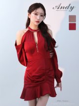 XSサイズあり【ANDY/アンディ】裾フリル/ ネックビジュー/ 袖あり/ 長袖/ ギャザー/ フレア/ ラインストーン/ バストカット/ アシンメトリー/ バックスリット/ ミニドレス/ キャバドレス[OF05]