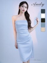 XSサイズあり【ANDY/アンディ】シンプル/ ワンカラー/ ベア/ ひざ丈/ タック/ タイト/ スリット/ ミディアムドレス/ キャバドレス[OF05]